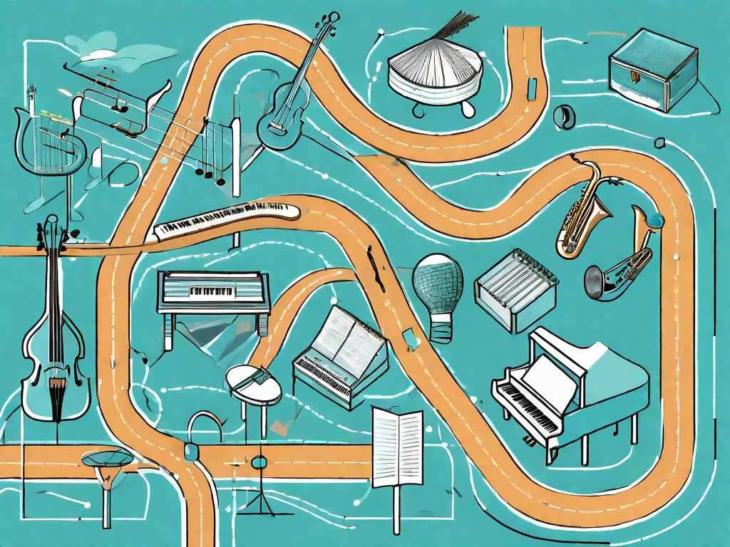 A road map with various interconnected paths (representing the customer journey) leading to a treasure chest (representing upsell opportunities)