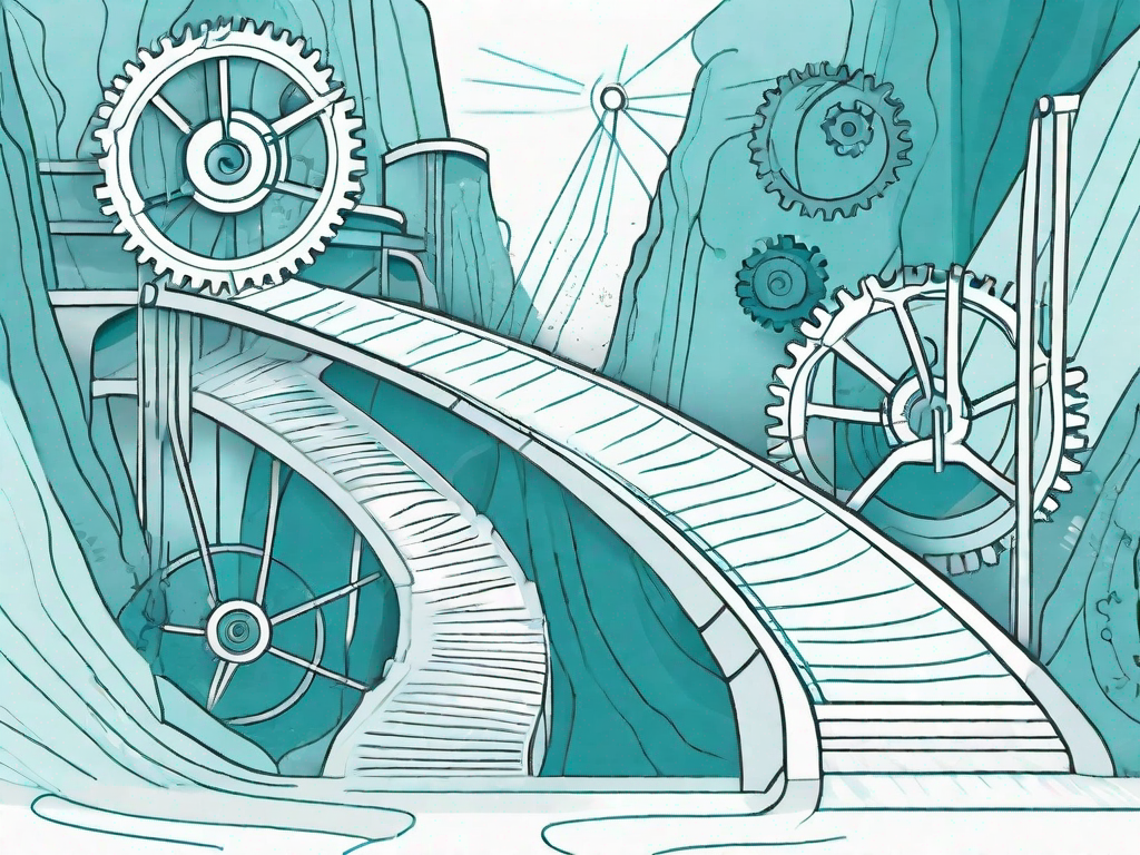 A winding path (representing the customer journey) with various machine gears (representing ensemble learning) working together to build a bridge over a chasm (representing churn reduction)