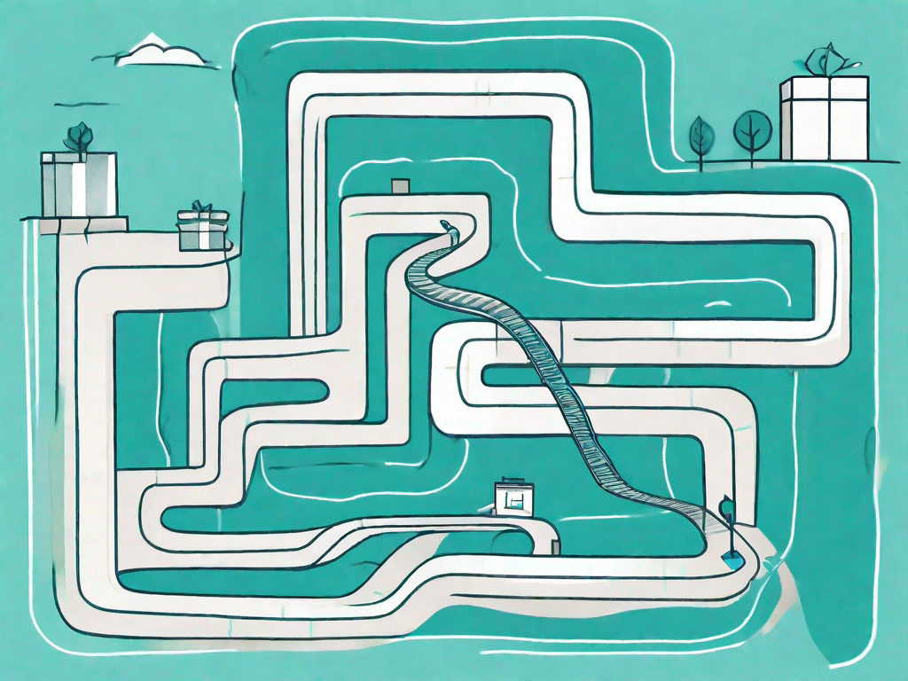 A winding path (representing the customer journey) with various checkpoints (representing re-purchase opportunities) and a box