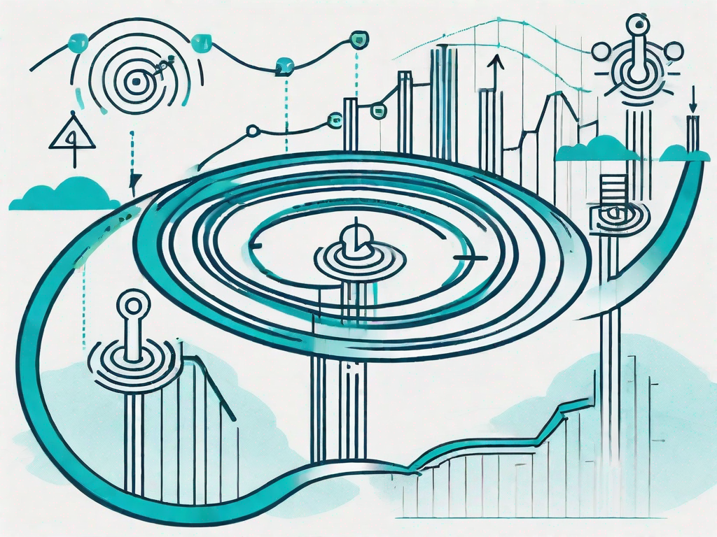 A journey path with various statistical symbols and dollar signs