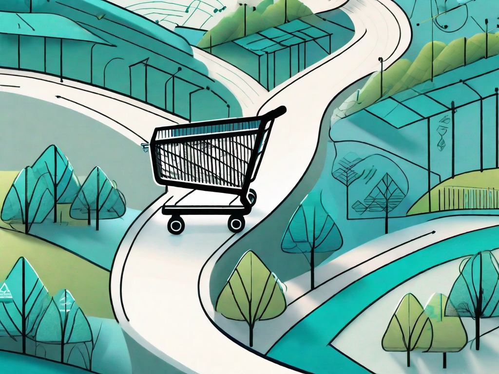 A shopping cart traveling on a winding path