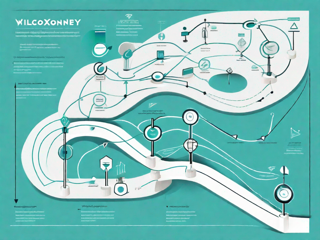 A symbolic customer journey path with various touchpoints represented by abstract shapes