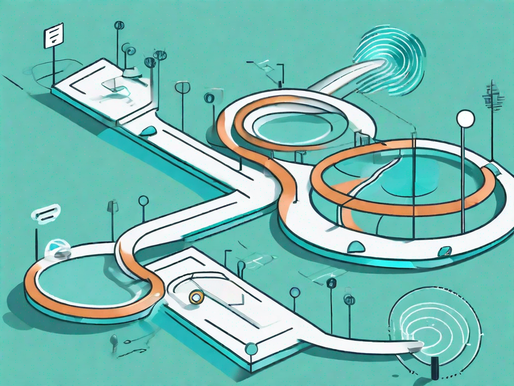 A winding path (representing the customer journey) with multiple checkpoints (representing re-purchase opportunities) and a magnifying glass hovering over the path (representing dunn's test)