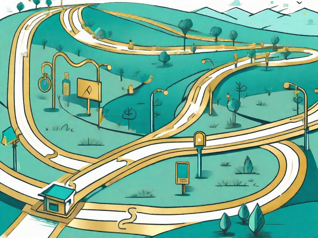 A winding road (representing the customer journey) with various signposts (symbolizing different stages of the journey) and a large