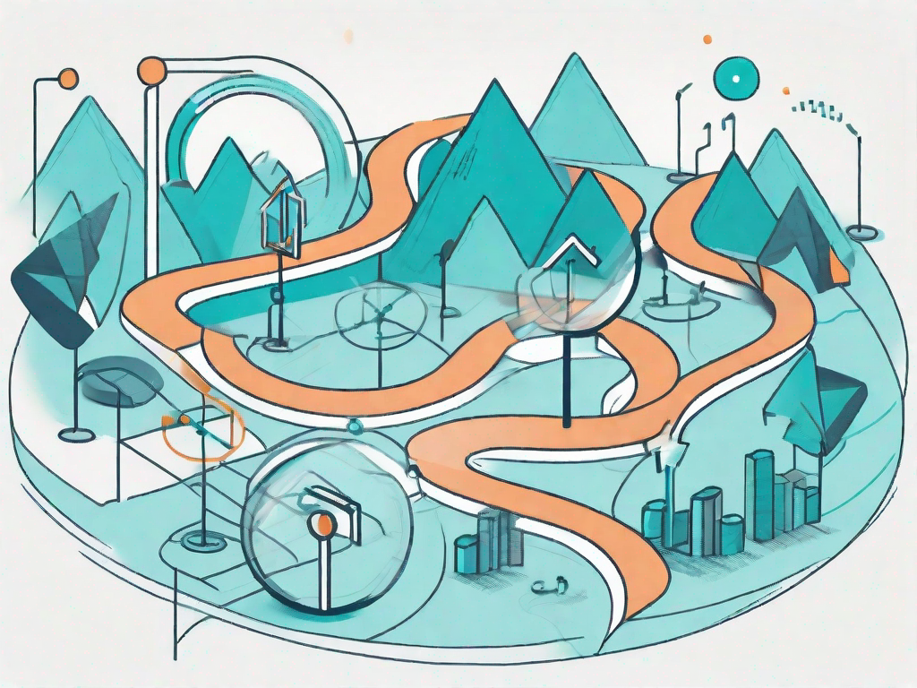 A winding path with various obstacles (representing pain points) being overcome by tools or symbols of data analysis