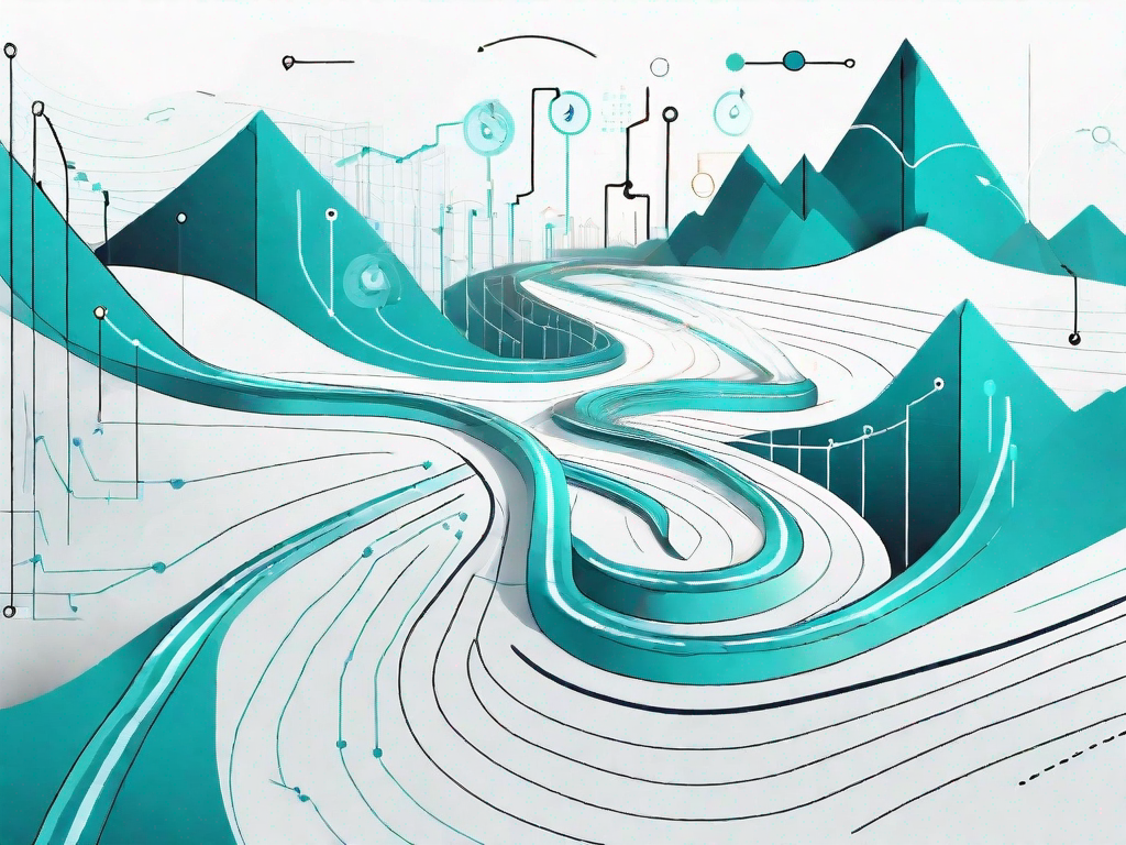 A winding path (representing the customer journey) with various statistical graphs and charts (representing bootstrap resampling) appearing at the 'interest phase' of the path