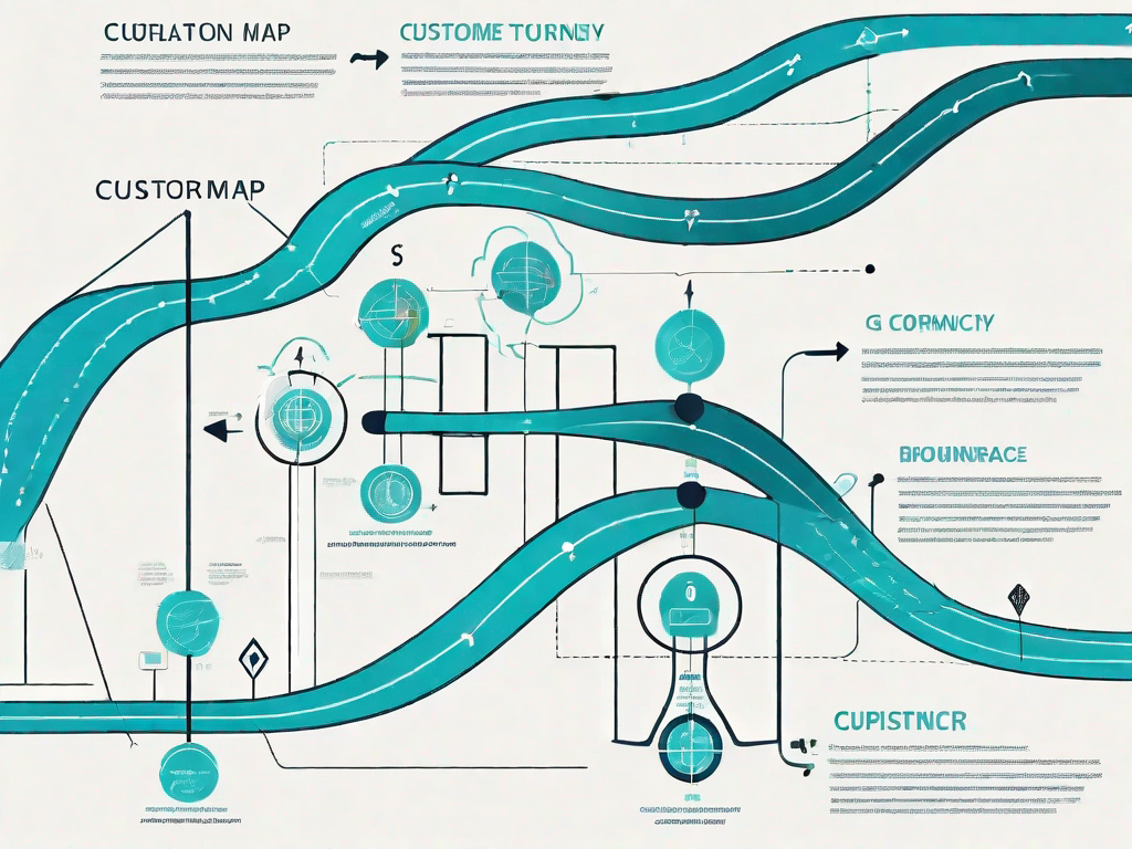 A symbolic customer journey map with various stages leading to a purchase symbol