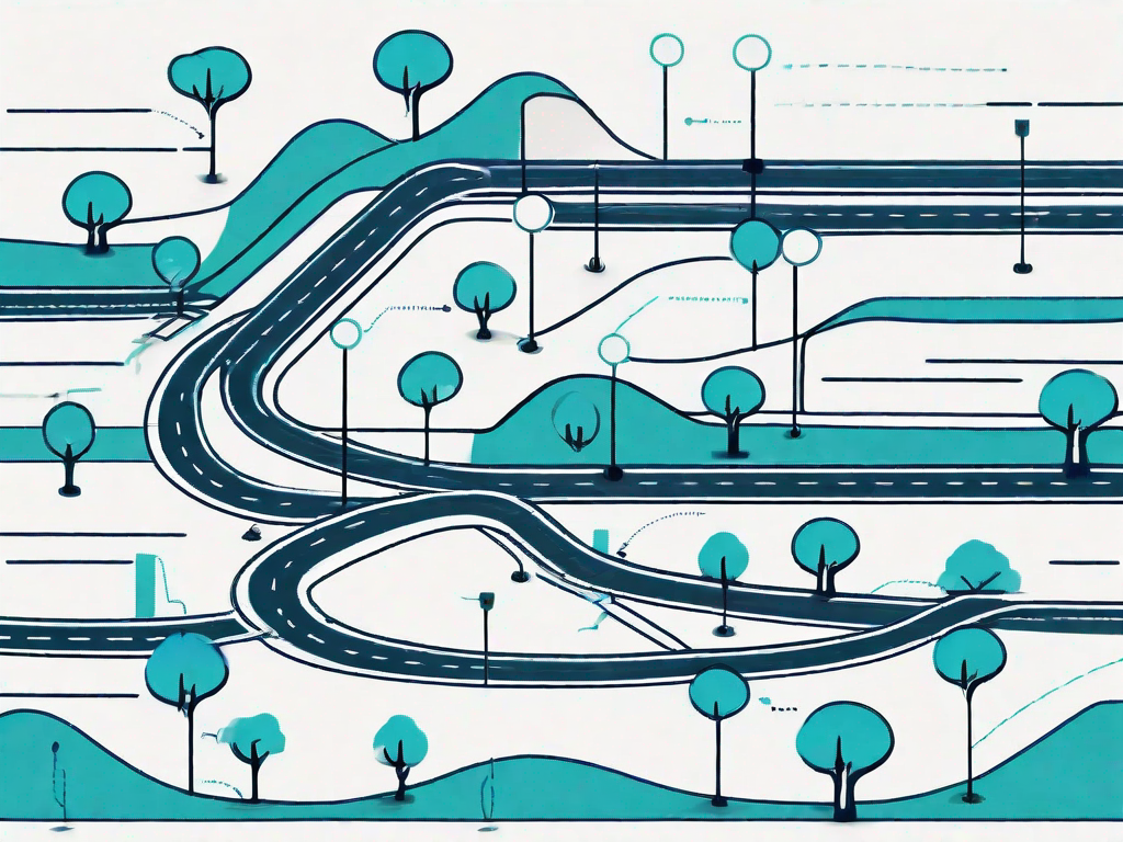 A roadmap with various symbolic checkpoints representing different stages of a customer journey