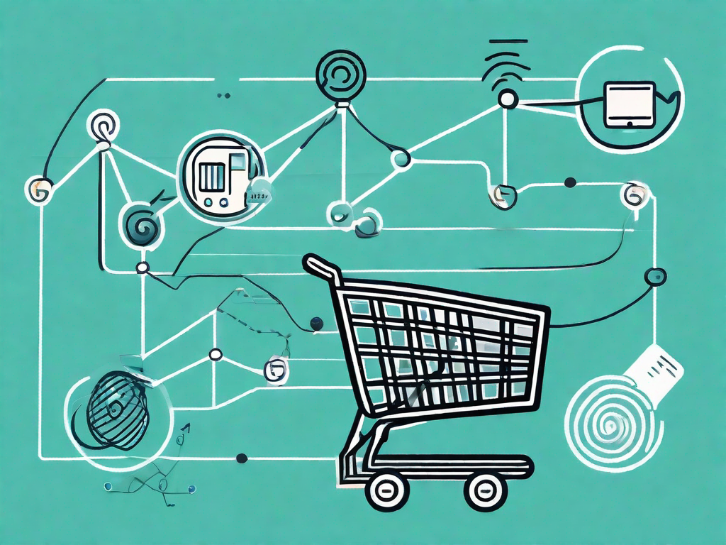 A dna helix intertwined with various symbolic customer touchpoints such as a shopping cart