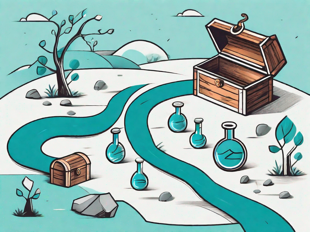 A winding path (representing the customer journey) with various experimental tools (like a magnifying glass