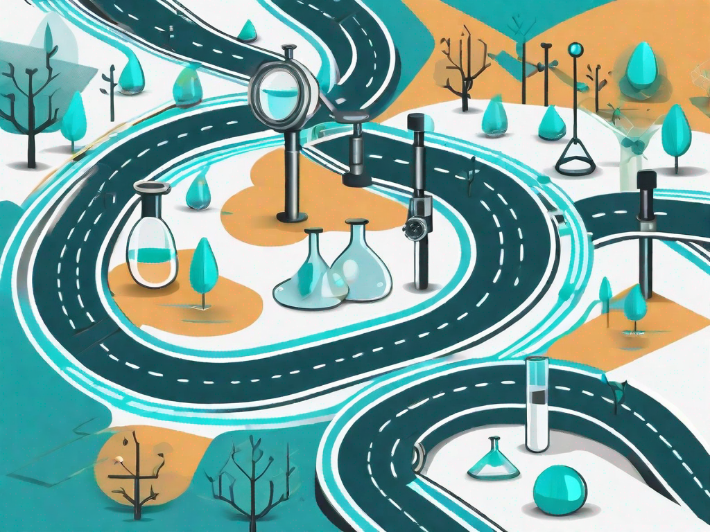 A winding road (representing the customer journey) with signposts (representing upsell opportunities) and various scientific tools like a microscope and beakers (symbolizing factorial experiments)