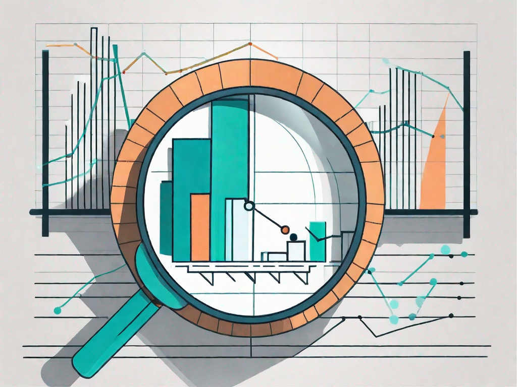 A magnifying glass hovering over a bar graph and pie chart