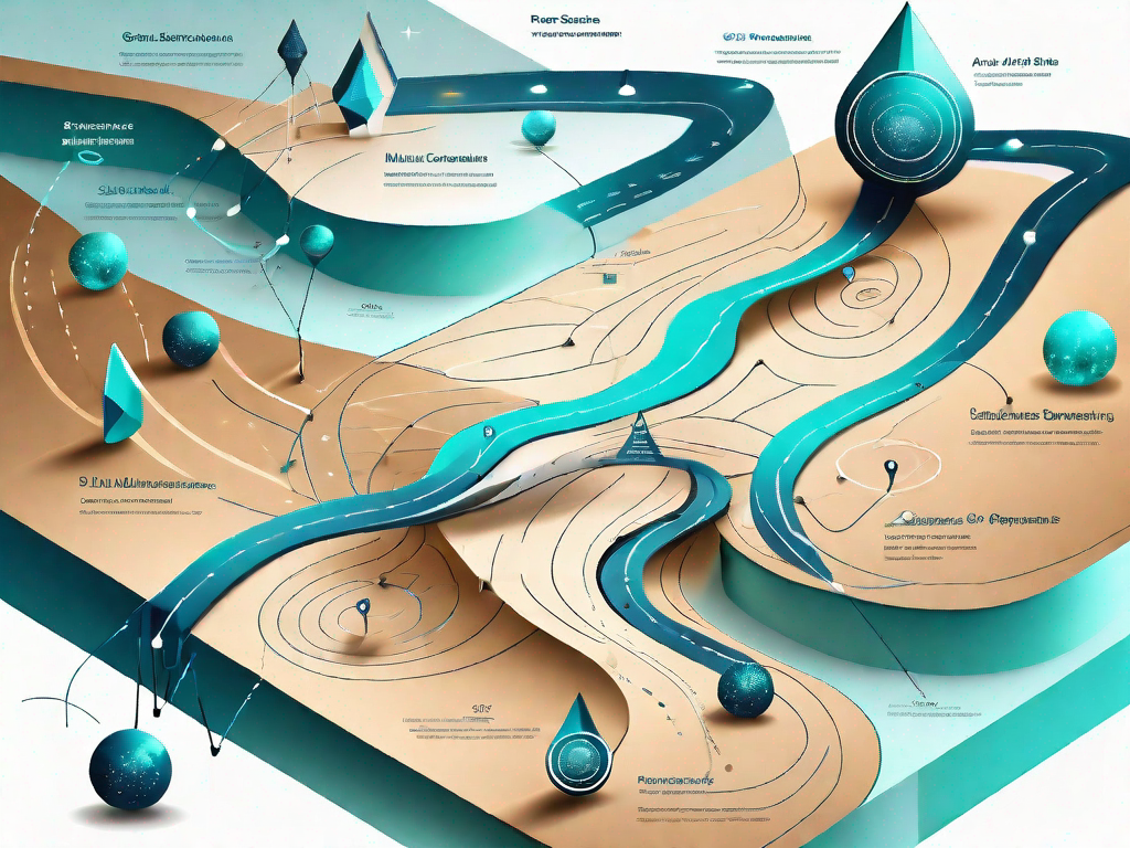 A 3d roadmap with various points of interest (symbolizing the customer journey) and multiple paths leading to a shining star (representing upsell opportunities)