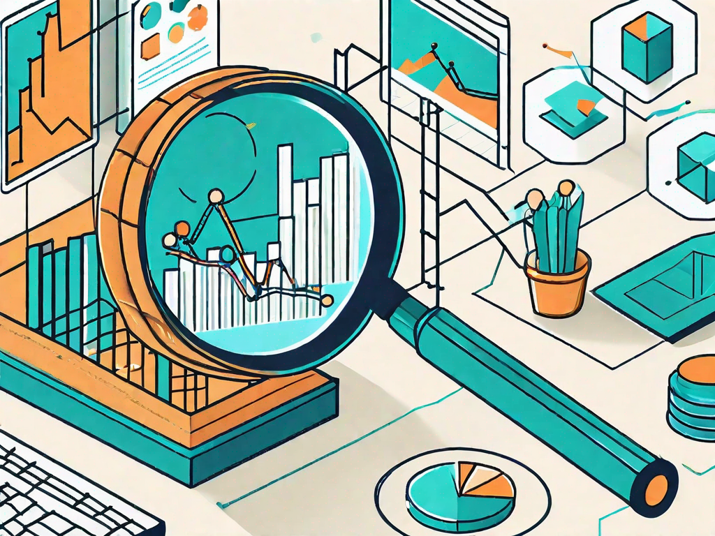 A magnifying glass hovering over a computer screen displaying various charts and graphs