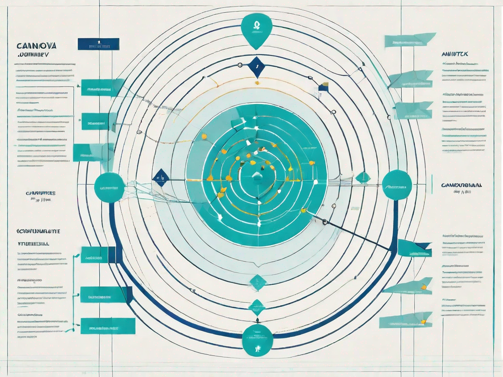 A symbolic journey path with various stops represented by different data points