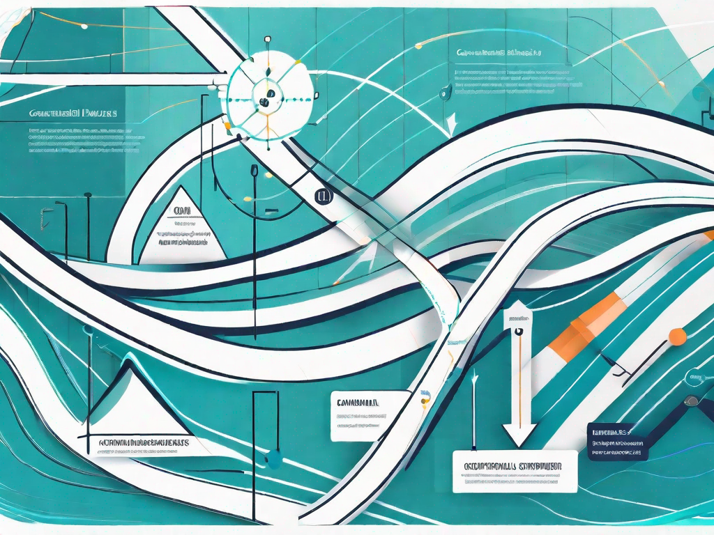 A symbolic journey path intertwined with statistical graphs and analysis tools