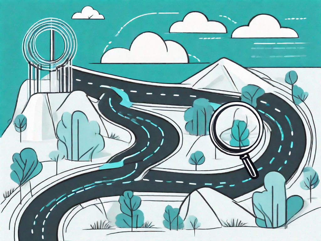 A winding path (representing the customer journey) with various obstacles (representing pain points) and a magnifying glass hovering over it (representing the canonical variate analysis)