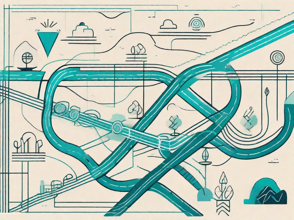 A symbolic journey path with various checkpoints represented by abstract shapes