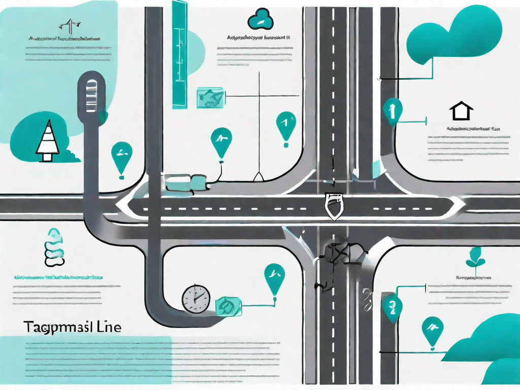 A road map with key points represented by various tools or symbols