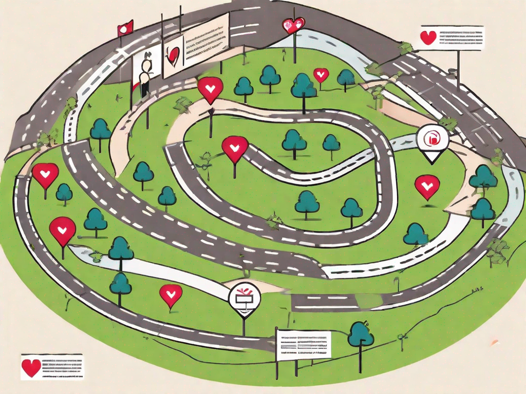 A winding path (representing the customer journey) with various signposts along the way displaying symbols of different stages of customer interaction