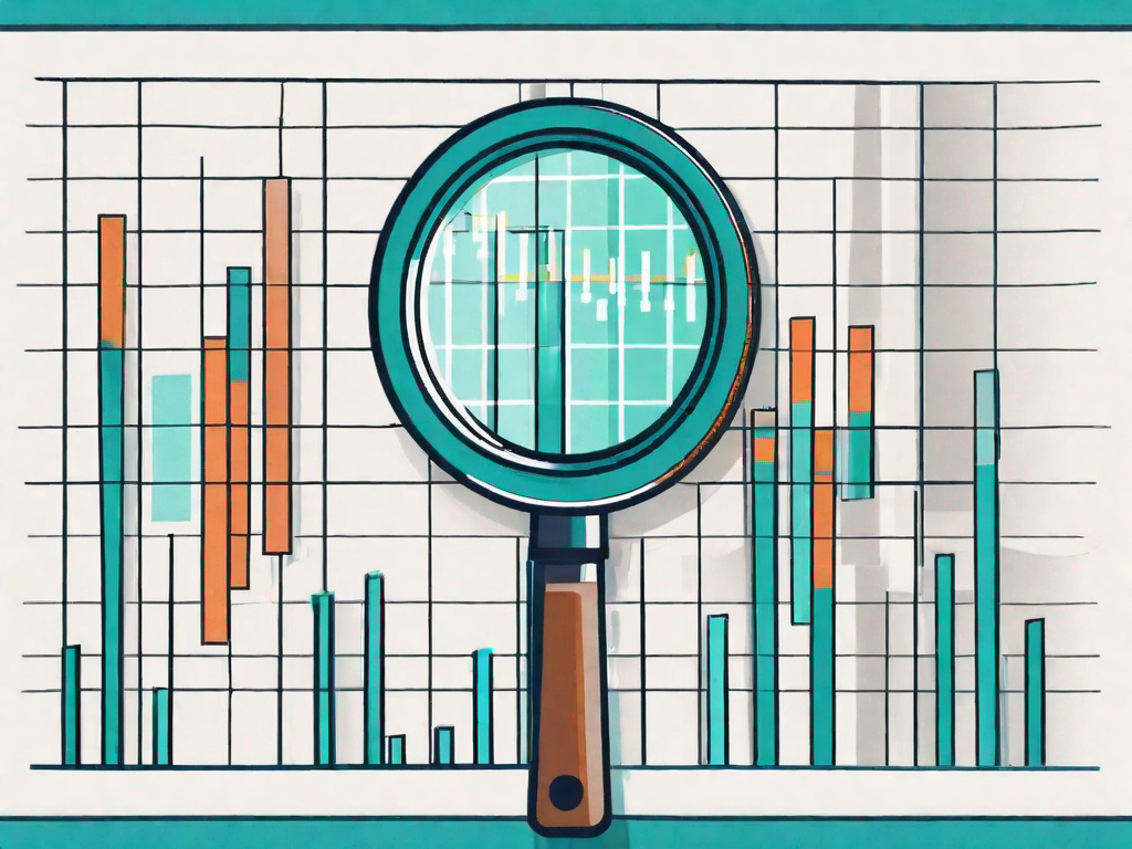 A magnifying glass hovering over a chart with different colored bars representing market data