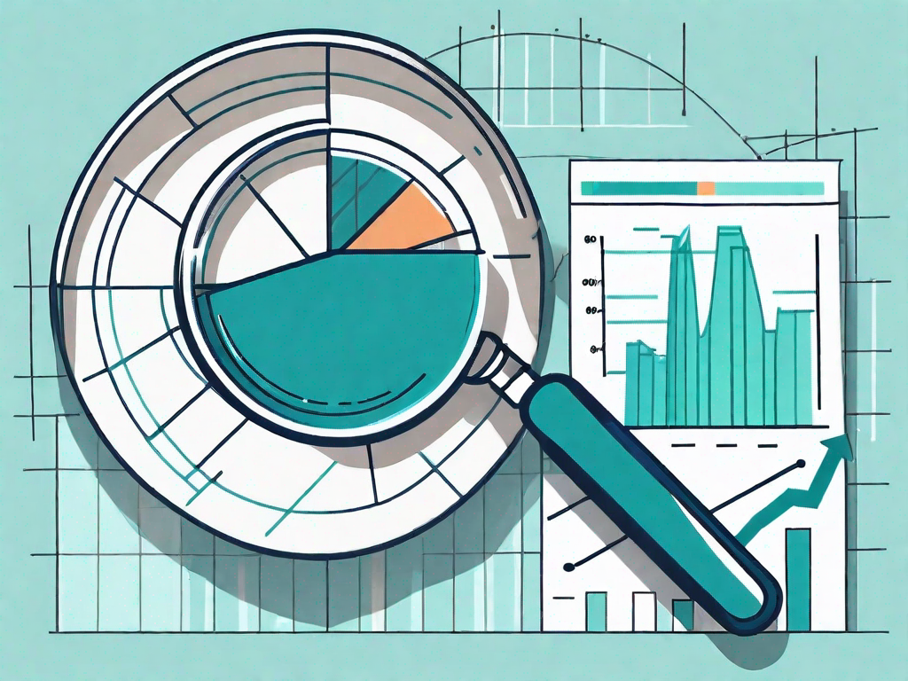 A magnifying glass hovering over a pie chart and bar graph