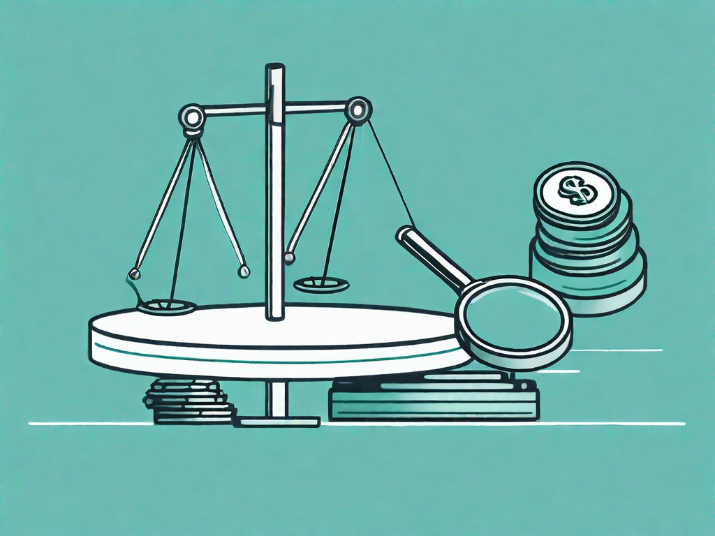 A balanced scale with a magnifying glass on one side representing 'market research' and a stack of coins on the other side representing 'cost-benefit analysis'