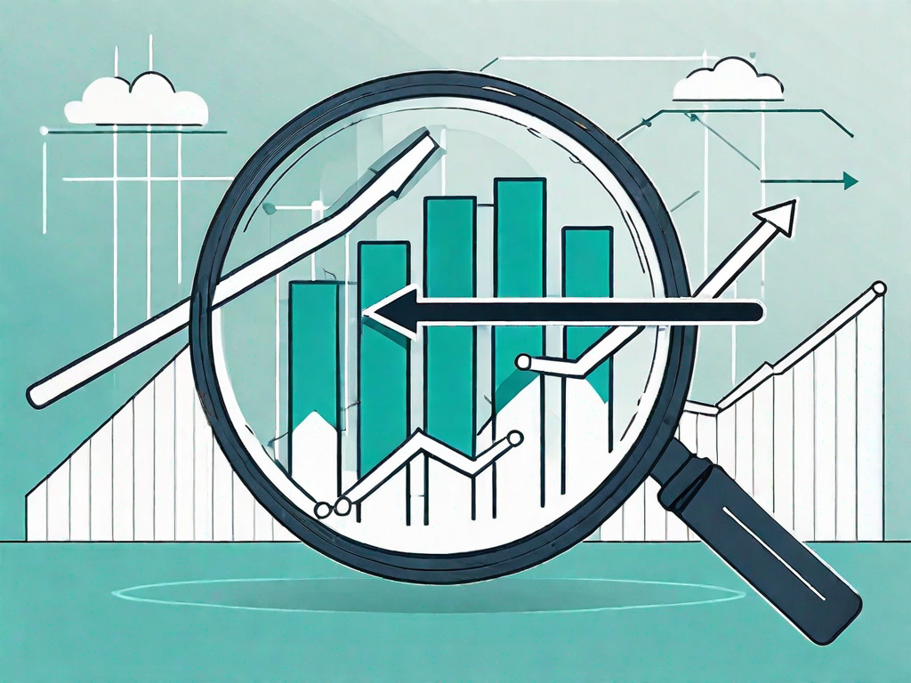 A magnifying glass hovering over a bar chart with upward trending arrows