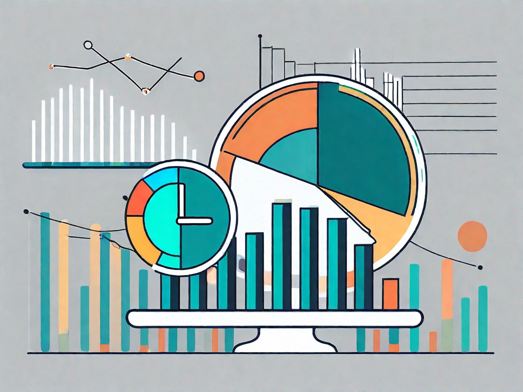 A magnifying glass hovering over a pie chart and bar graph