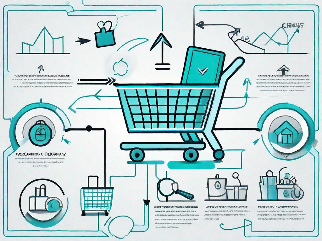 A detailed map with various symbolic icons representing different stages of a customer's journey