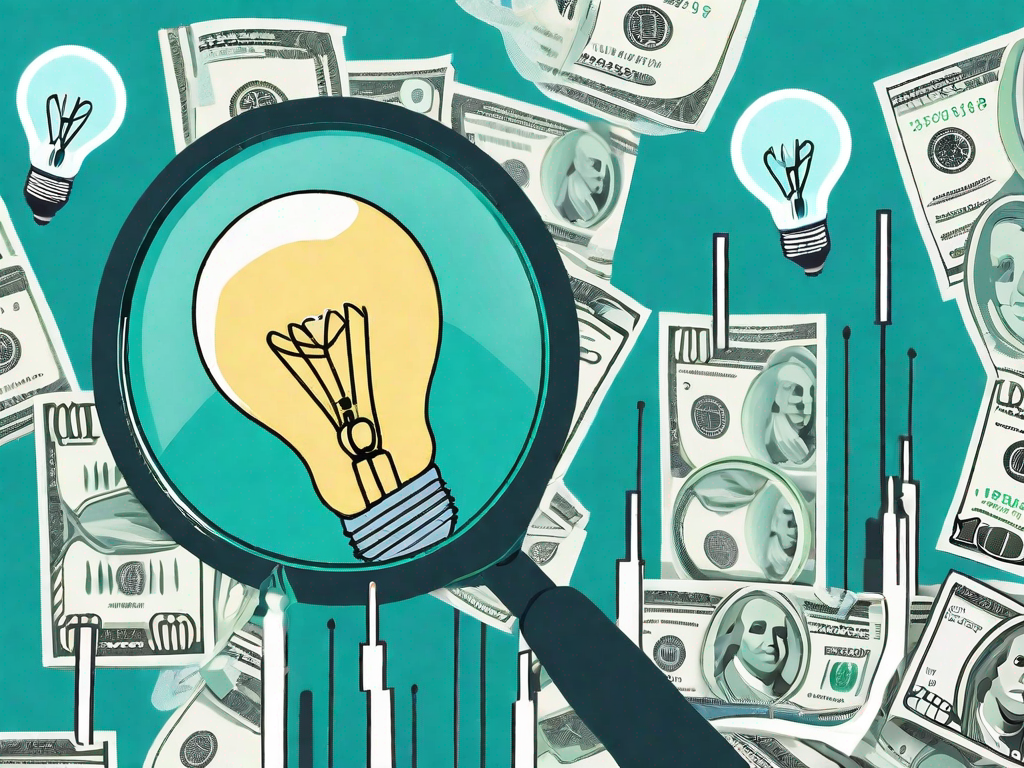 A light bulb (symbolizing ideas) over a magnifying glass (symbolizing research) with dollar signs (symbolizing the market) in the background to represent the concept of improving market research through brainstorming