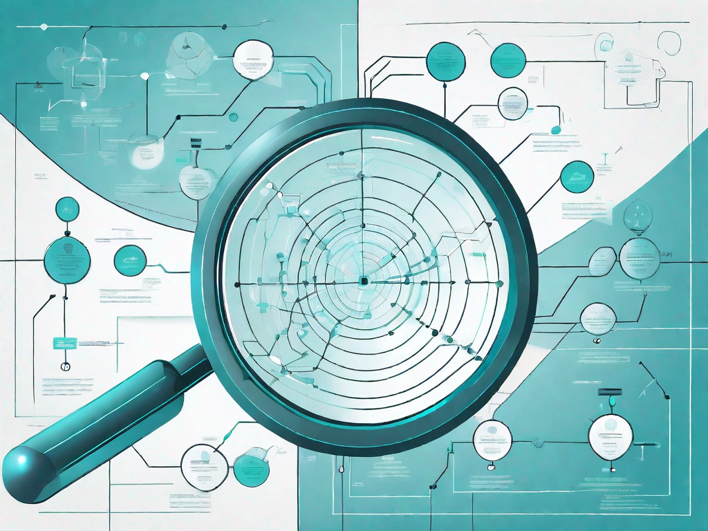 A magnifying glass hovering over a detailed flow chart with various interconnected nodes and paths