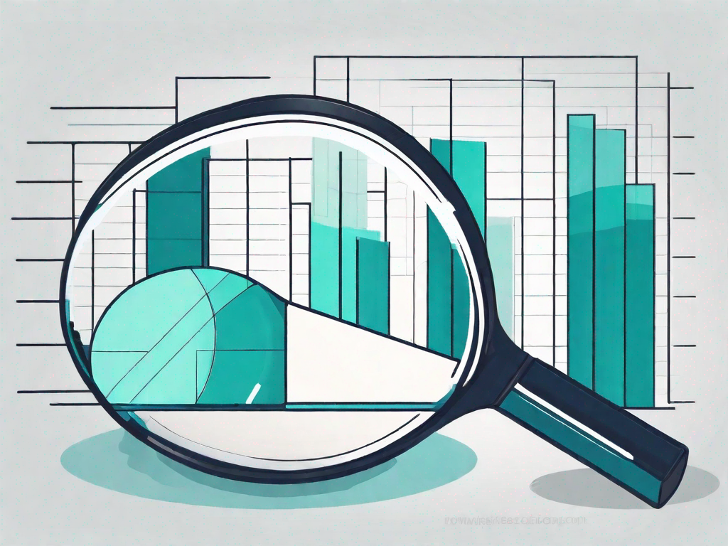 A magnifying glass hovering over a pie chart and bar graph