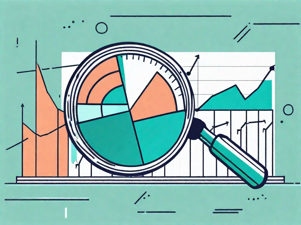 A magnifying glass hovering over a pie chart and bar graph