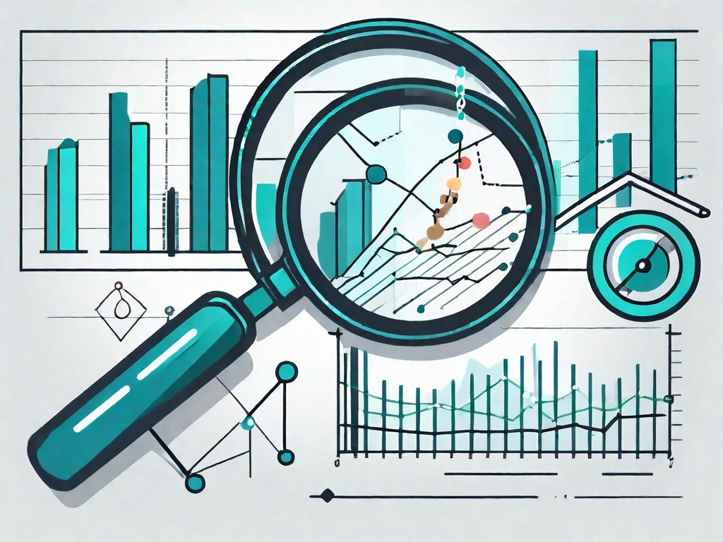 A magnifying glass hovering over a market chart with trend lines