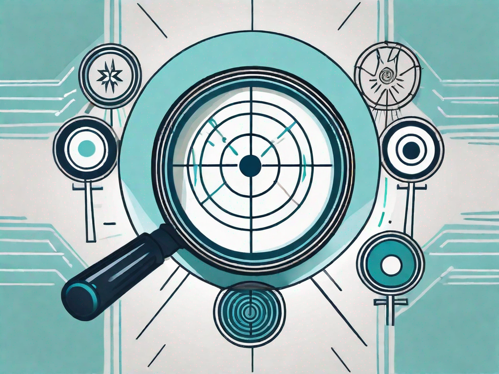 A magnifying glass focusing on four symbolic icons representing strengths