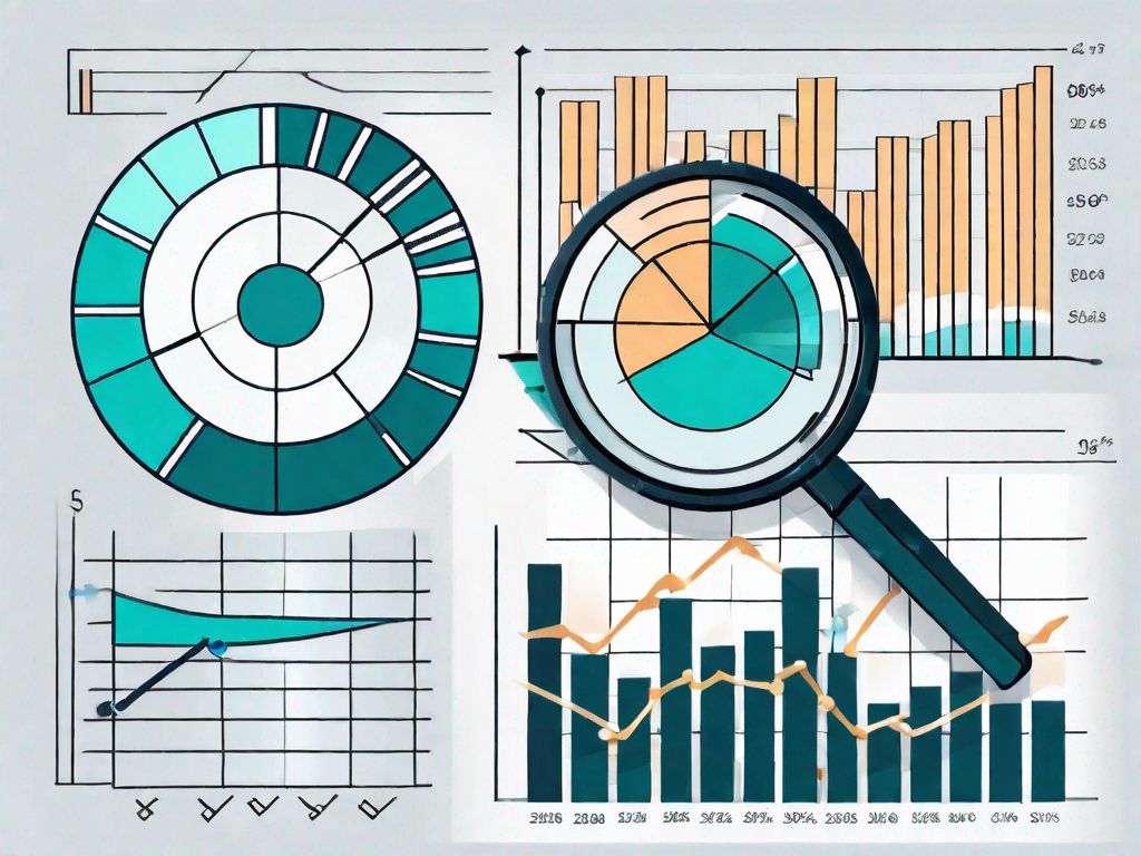 A magnifying glass over a pie chart and bar graph