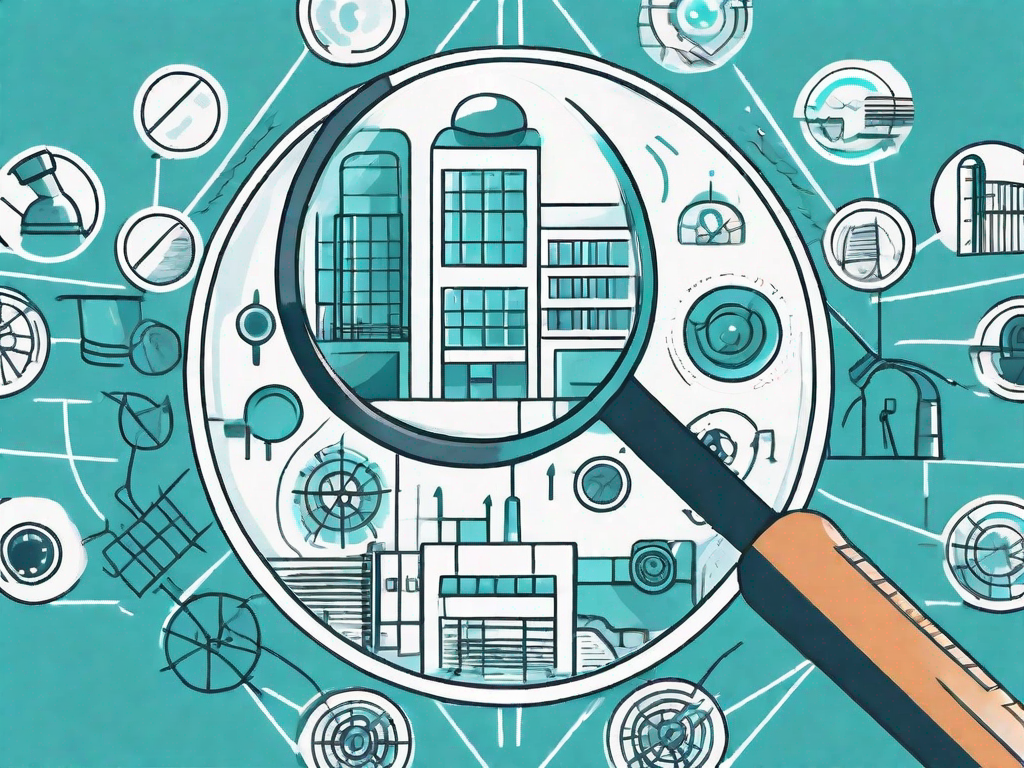 A magnifying glass focusing on various symbols representing different stakeholders (such as a factory for manufacturers