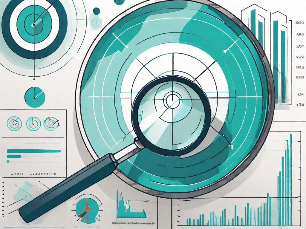 A magnifying glass focusing on a target surrounded by various performance metrics and bar graphs