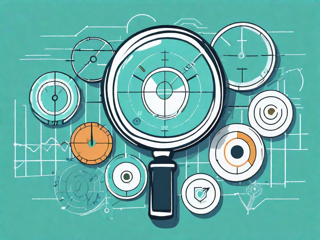 A magnifying glass focused on a target with various key performance indicator (kpi) icons like graphs