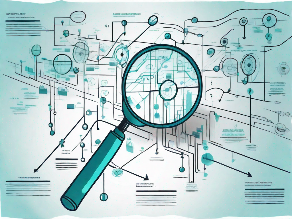 A magnifying glass hovering over a complex flowchart or map