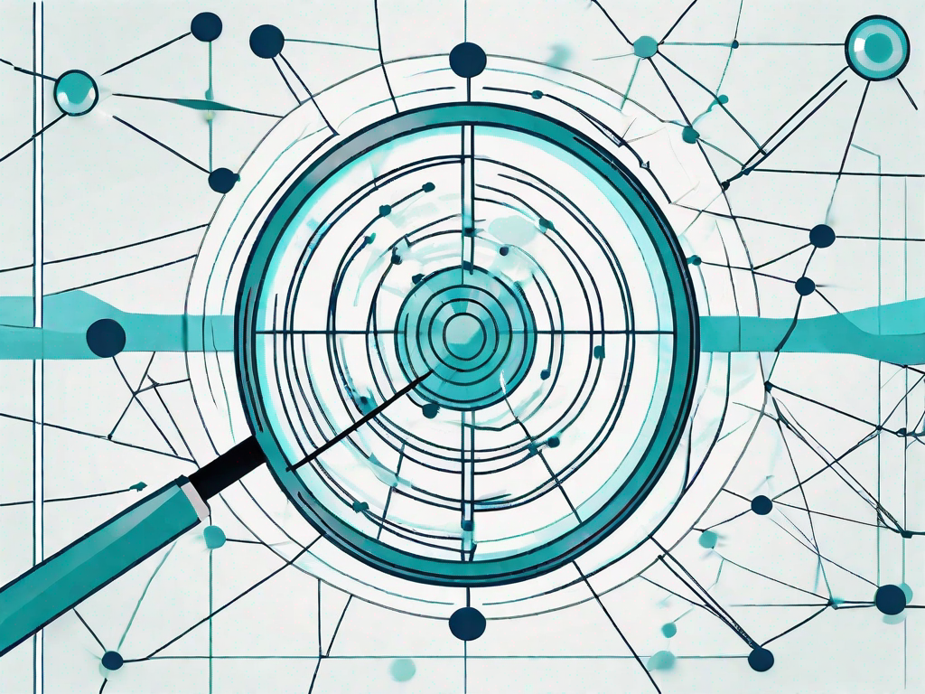 A magnifying glass focusing on a complex web of interconnected nodes