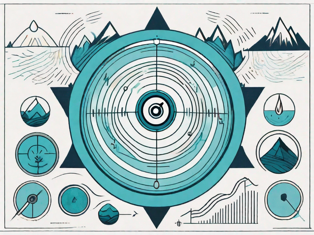 A magnifying glass focusing on five symbolic forces (represented by elements like a shield