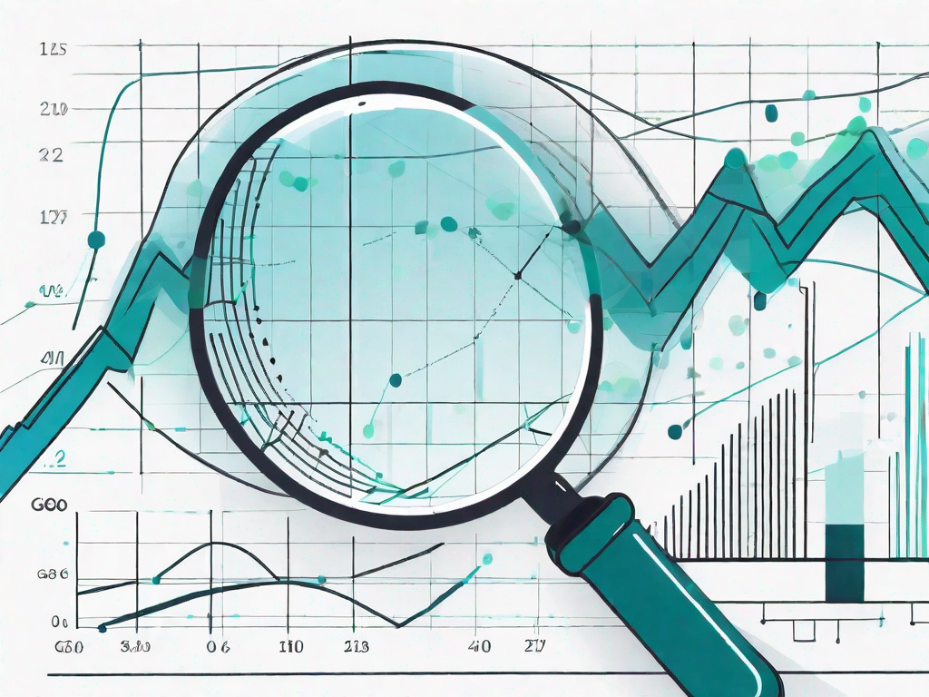 A magnifying glass hovering over a series of data points and graphs