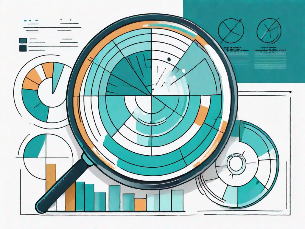 A magnifying glass hovering over a segmented pie chart