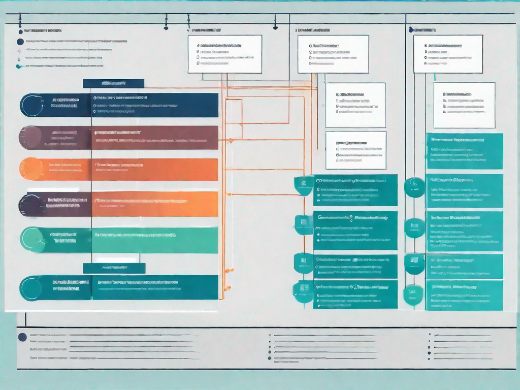 A work breakdown structure chart with various color-coded segments