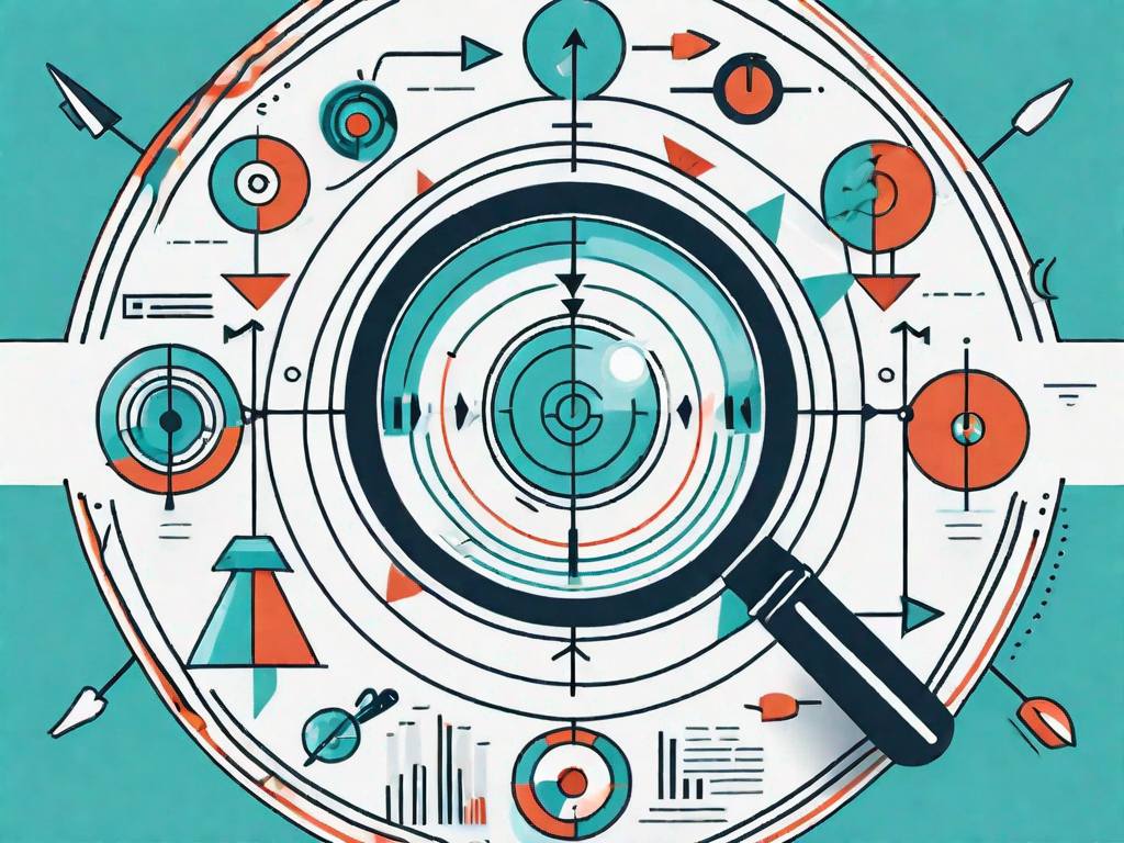 A magnifying glass focusing on a target which is surrounded by various symbols representing different customer demographics