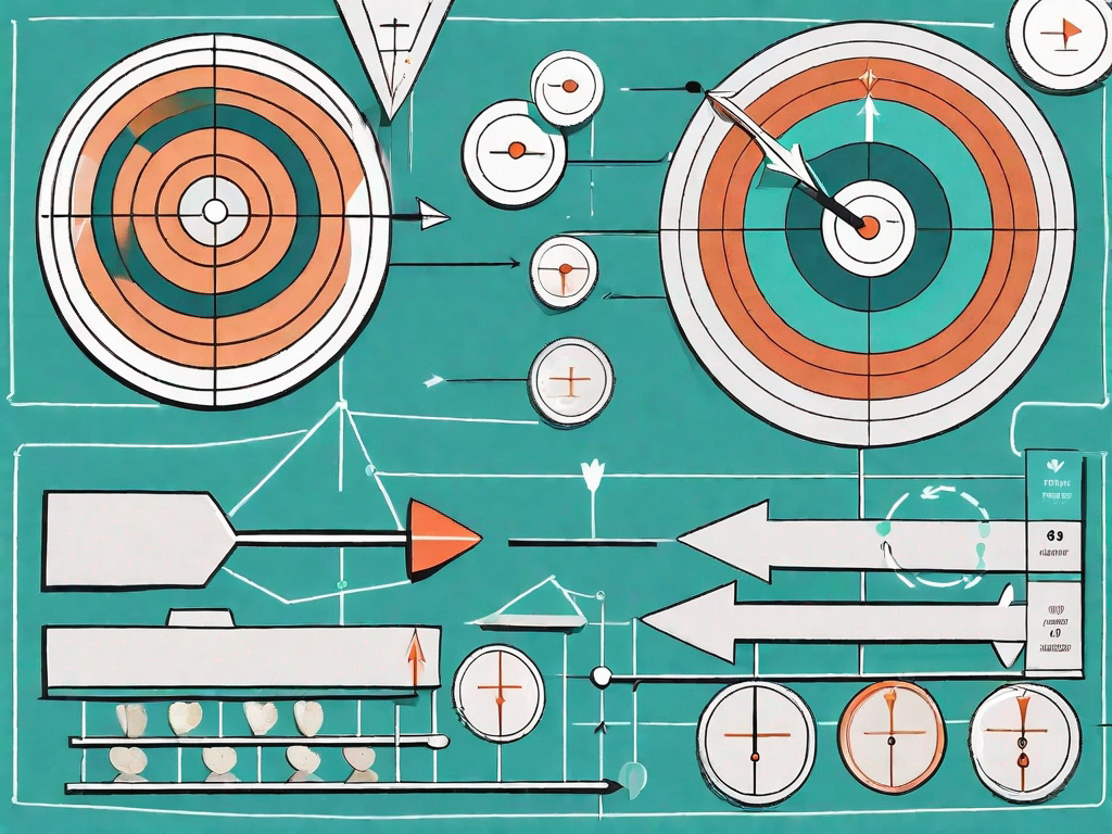 A target board with arrows on one side and a scale balancing coins and benefits on the other side