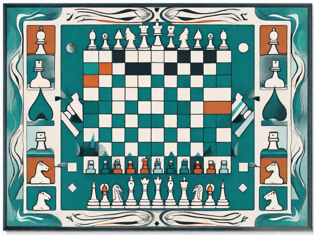 A chessboard with various chess pieces strategically placed