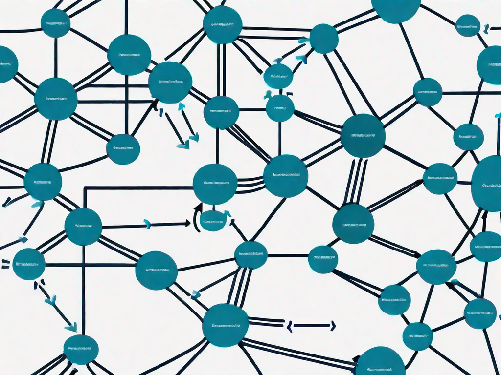 A data flow diagram with various interconnected nodes and arrows